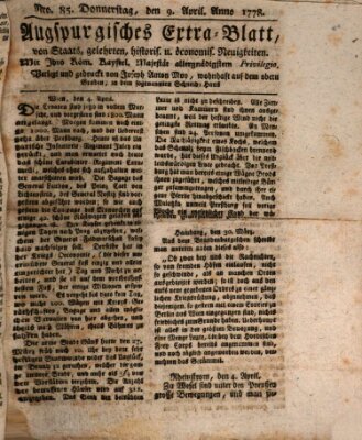 Augsburgische Ordinari Postzeitung von Staats-, gelehrten, historisch- u. ökonomischen Neuigkeiten (Augsburger Postzeitung) Donnerstag 9. April 1778