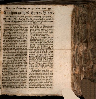 Augsburgische Ordinari Postzeitung von Staats-, gelehrten, historisch- u. ökonomischen Neuigkeiten (Augsburger Postzeitung) Donnerstag 7. Mai 1778