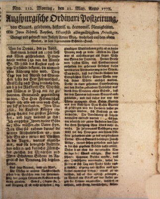 Augsburgische Ordinari Postzeitung von Staats-, gelehrten, historisch- u. ökonomischen Neuigkeiten (Augsburger Postzeitung) Montag 11. Mai 1778