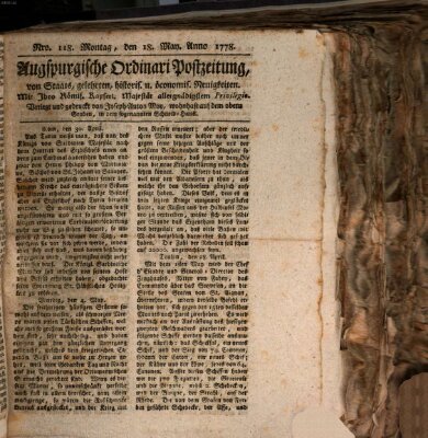 Augsburgische Ordinari Postzeitung von Staats-, gelehrten, historisch- u. ökonomischen Neuigkeiten (Augsburger Postzeitung) Montag 18. Mai 1778