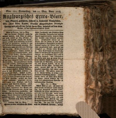 Augsburgische Ordinari Postzeitung von Staats-, gelehrten, historisch- u. ökonomischen Neuigkeiten (Augsburger Postzeitung) Donnerstag 21. Mai 1778