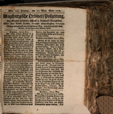 Augsburgische Ordinari Postzeitung von Staats-, gelehrten, historisch- u. ökonomischen Neuigkeiten (Augsburger Postzeitung) Freitag 22. Mai 1778