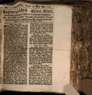 Augsburgische Ordinari Postzeitung von Staats-, gelehrten, historisch- u. ökonomischen Neuigkeiten (Augsburger Postzeitung) Donnerstag 28. Mai 1778