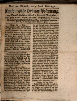 Augsburgische Ordinari Postzeitung von Staats-, gelehrten, historisch- u. ökonomischen Neuigkeiten (Augsburger Postzeitung) Mittwoch 3. Juni 1778