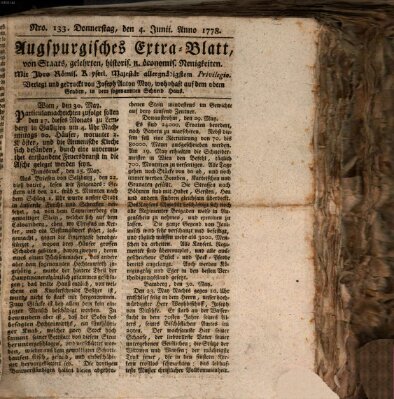 Augsburgische Ordinari Postzeitung von Staats-, gelehrten, historisch- u. ökonomischen Neuigkeiten (Augsburger Postzeitung) Donnerstag 4. Juni 1778