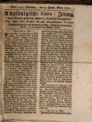 Augsburgische Ordinari Postzeitung von Staats-, gelehrten, historisch- u. ökonomischen Neuigkeiten (Augsburger Postzeitung) Dienstag 9. Juni 1778