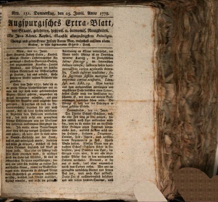 Augsburgische Ordinari Postzeitung von Staats-, gelehrten, historisch- u. ökonomischen Neuigkeiten (Augsburger Postzeitung) Donnerstag 25. Juni 1778