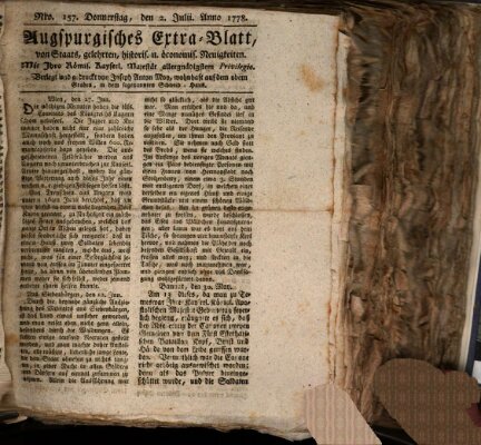 Augsburgische Ordinari Postzeitung von Staats-, gelehrten, historisch- u. ökonomischen Neuigkeiten (Augsburger Postzeitung) Donnerstag 2. Juli 1778