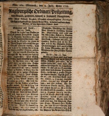 Augsburgische Ordinari Postzeitung von Staats-, gelehrten, historisch- u. ökonomischen Neuigkeiten (Augsburger Postzeitung) Mittwoch 8. Juli 1778