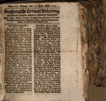 Augsburgische Ordinari Postzeitung von Staats-, gelehrten, historisch- u. ökonomischen Neuigkeiten (Augsburger Postzeitung) Freitag 10. Juli 1778