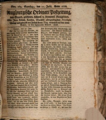 Augsburgische Ordinari Postzeitung von Staats-, gelehrten, historisch- u. ökonomischen Neuigkeiten (Augsburger Postzeitung) Samstag 11. Juli 1778