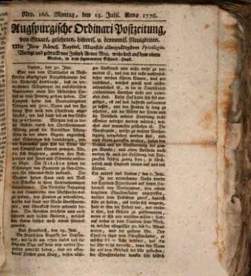 Augsburgische Ordinari Postzeitung von Staats-, gelehrten, historisch- u. ökonomischen Neuigkeiten (Augsburger Postzeitung) Montag 13. Juli 1778