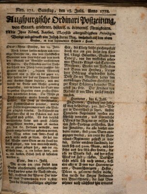 Augsburgische Ordinari Postzeitung von Staats-, gelehrten, historisch- u. ökonomischen Neuigkeiten (Augsburger Postzeitung) Samstag 18. Juli 1778