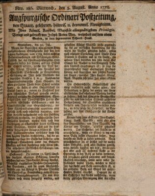 Augsburgische Ordinari Postzeitung von Staats-, gelehrten, historisch- u. ökonomischen Neuigkeiten (Augsburger Postzeitung) Mittwoch 5. August 1778