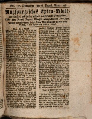 Augsburgische Ordinari Postzeitung von Staats-, gelehrten, historisch- u. ökonomischen Neuigkeiten (Augsburger Postzeitung) Donnerstag 6. August 1778