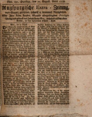 Augsburgische Ordinari Postzeitung von Staats-, gelehrten, historisch- u. ökonomischen Neuigkeiten (Augsburger Postzeitung) Dienstag 11. August 1778