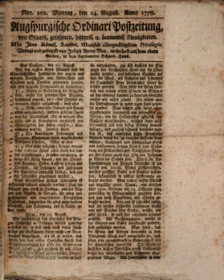 Augsburgische Ordinari Postzeitung von Staats-, gelehrten, historisch- u. ökonomischen Neuigkeiten (Augsburger Postzeitung) Montag 24. August 1778