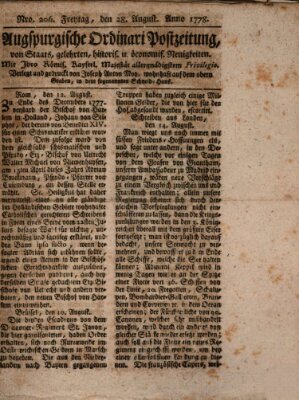 Augsburgische Ordinari Postzeitung von Staats-, gelehrten, historisch- u. ökonomischen Neuigkeiten (Augsburger Postzeitung) Freitag 28. August 1778