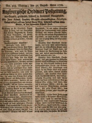 Augsburgische Ordinari Postzeitung von Staats-, gelehrten, historisch- u. ökonomischen Neuigkeiten (Augsburger Postzeitung) Montag 31. August 1778