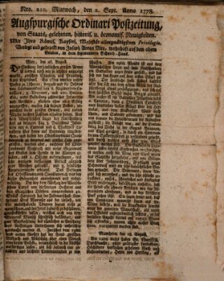 Augsburgische Ordinari Postzeitung von Staats-, gelehrten, historisch- u. ökonomischen Neuigkeiten (Augsburger Postzeitung) Mittwoch 2. September 1778