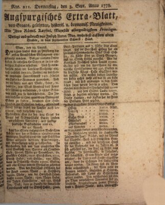 Augsburgische Ordinari Postzeitung von Staats-, gelehrten, historisch- u. ökonomischen Neuigkeiten (Augsburger Postzeitung) Donnerstag 3. September 1778