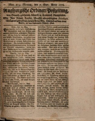 Augsburgische Ordinari Postzeitung von Staats-, gelehrten, historisch- u. ökonomischen Neuigkeiten (Augsburger Postzeitung) Montag 7. September 1778