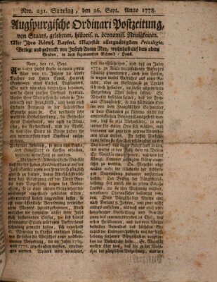 Augsburgische Ordinari Postzeitung von Staats-, gelehrten, historisch- u. ökonomischen Neuigkeiten (Augsburger Postzeitung) Samstag 26. September 1778