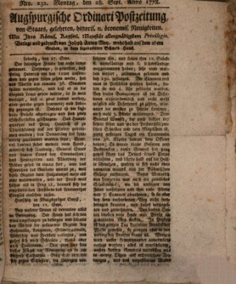 Augsburgische Ordinari Postzeitung von Staats-, gelehrten, historisch- u. ökonomischen Neuigkeiten (Augsburger Postzeitung) Montag 28. September 1778