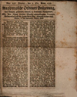 Augsburgische Ordinari Postzeitung von Staats-, gelehrten, historisch- u. ökonomischen Neuigkeiten (Augsburger Postzeitung) Freitag 2. Oktober 1778