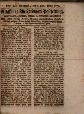 Augsburgische Ordinari Postzeitung von Staats-, gelehrten, historisch- u. ökonomischen Neuigkeiten (Augsburger Postzeitung) Mittwoch 7. Oktober 1778