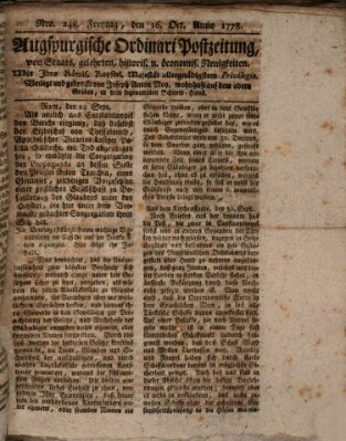 Augsburgische Ordinari Postzeitung von Staats-, gelehrten, historisch- u. ökonomischen Neuigkeiten (Augsburger Postzeitung) Freitag 16. Oktober 1778