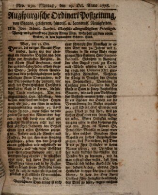 Augsburgische Ordinari Postzeitung von Staats-, gelehrten, historisch- u. ökonomischen Neuigkeiten (Augsburger Postzeitung) Montag 19. Oktober 1778