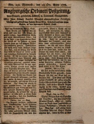 Augsburgische Ordinari Postzeitung von Staats-, gelehrten, historisch- u. ökonomischen Neuigkeiten (Augsburger Postzeitung) Mittwoch 28. Oktober 1778