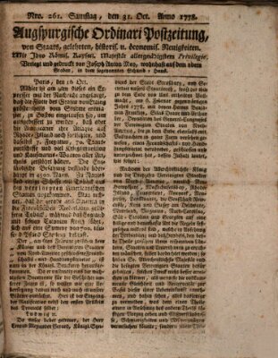 Augsburgische Ordinari Postzeitung von Staats-, gelehrten, historisch- u. ökonomischen Neuigkeiten (Augsburger Postzeitung) Samstag 31. Oktober 1778