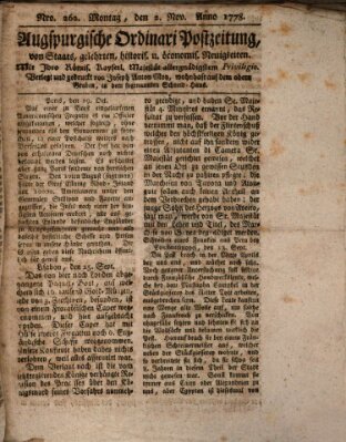 Augsburgische Ordinari Postzeitung von Staats-, gelehrten, historisch- u. ökonomischen Neuigkeiten (Augsburger Postzeitung) Montag 2. November 1778