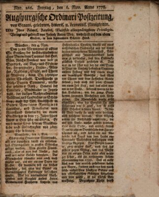 Augsburgische Ordinari Postzeitung von Staats-, gelehrten, historisch- u. ökonomischen Neuigkeiten (Augsburger Postzeitung) Friday 6. November 1778