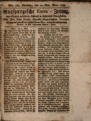 Augsburgische Ordinari Postzeitung von Staats-, gelehrten, historisch- u. ökonomischen Neuigkeiten (Augsburger Postzeitung) Dienstag 10. November 1778