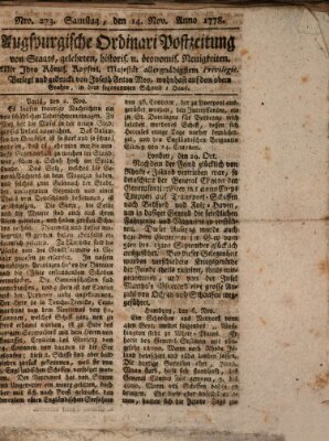 Augsburgische Ordinari Postzeitung von Staats-, gelehrten, historisch- u. ökonomischen Neuigkeiten (Augsburger Postzeitung) Samstag 14. November 1778