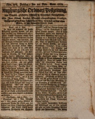 Augsburgische Ordinari Postzeitung von Staats-, gelehrten, historisch- u. ökonomischen Neuigkeiten (Augsburger Postzeitung) Freitag 20. November 1778