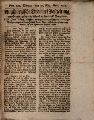 Augsburgische Ordinari Postzeitung von Staats-, gelehrten, historisch- u. ökonomischen Neuigkeiten (Augsburger Postzeitung) Montag 23. November 1778