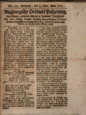 Augsburgische Ordinari Postzeitung von Staats-, gelehrten, historisch- u. ökonomischen Neuigkeiten (Augsburger Postzeitung) Mittwoch 25. November 1778