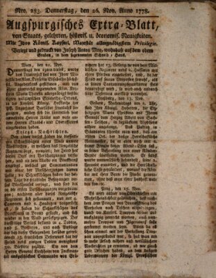 Augsburgische Ordinari Postzeitung von Staats-, gelehrten, historisch- u. ökonomischen Neuigkeiten (Augsburger Postzeitung) Donnerstag 26. November 1778