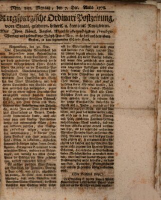 Augsburgische Ordinari Postzeitung von Staats-, gelehrten, historisch- u. ökonomischen Neuigkeiten (Augsburger Postzeitung) Montag 7. Dezember 1778