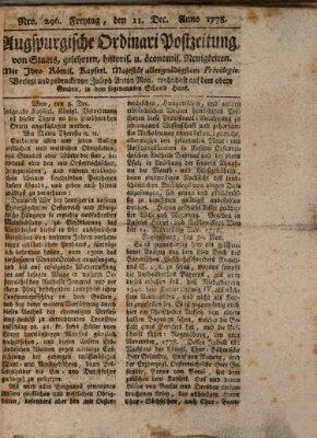 Augsburgische Ordinari Postzeitung von Staats-, gelehrten, historisch- u. ökonomischen Neuigkeiten (Augsburger Postzeitung) Freitag 11. Dezember 1778