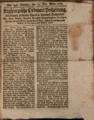 Augsburgische Ordinari Postzeitung von Staats-, gelehrten, historisch- u. ökonomischen Neuigkeiten (Augsburger Postzeitung) Montag 14. Dezember 1778