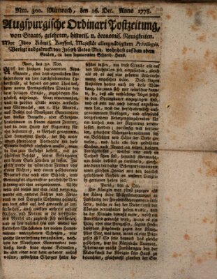 Augsburgische Ordinari Postzeitung von Staats-, gelehrten, historisch- u. ökonomischen Neuigkeiten (Augsburger Postzeitung) Mittwoch 16. Dezember 1778