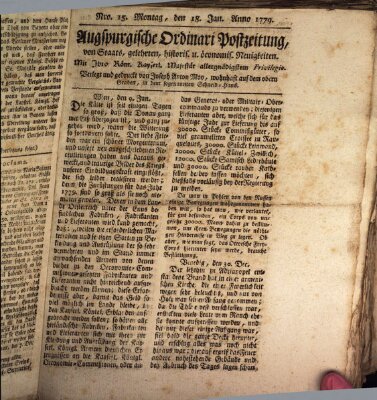 Augsburgische Ordinari Postzeitung von Staats-, gelehrten, historisch- u. ökonomischen Neuigkeiten (Augsburger Postzeitung) Montag 18. Januar 1779