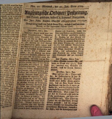 Augsburgische Ordinari Postzeitung von Staats-, gelehrten, historisch- u. ökonomischen Neuigkeiten (Augsburger Postzeitung) Mittwoch 20. Januar 1779