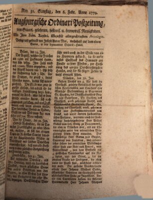 Augsburgische Ordinari Postzeitung von Staats-, gelehrten, historisch- u. ökonomischen Neuigkeiten (Augsburger Postzeitung) Samstag 6. Februar 1779