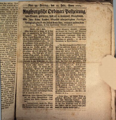 Augsburgische Ordinari Postzeitung von Staats-, gelehrten, historisch- u. ökonomischen Neuigkeiten (Augsburger Postzeitung) Freitag 19. Februar 1779